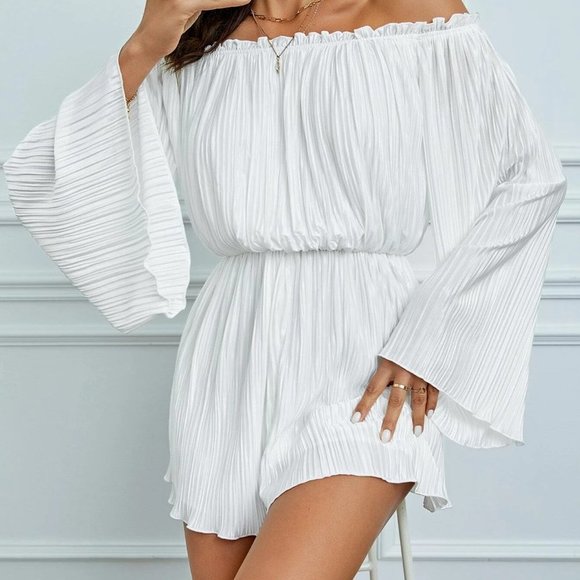 White Shaby Chic Womens Off Shoulder Flounce Sleeve Plisse Romper - Picture 4 of 5